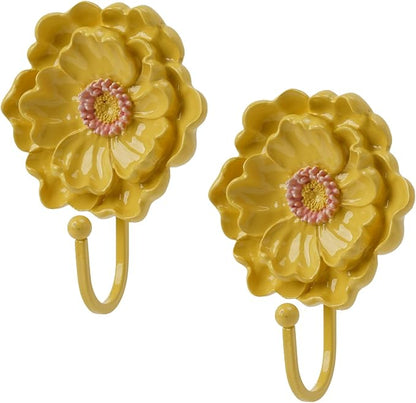 Guichifun Flower Shaped Decorative Wall Hooks - 2pcs Resin Yellow Vintage Decor Hanger for Keys, Bags, Towels Bathroom Living Room Kitchen Home Decoration Gift 4.3 x 2.2 x 6 Inch