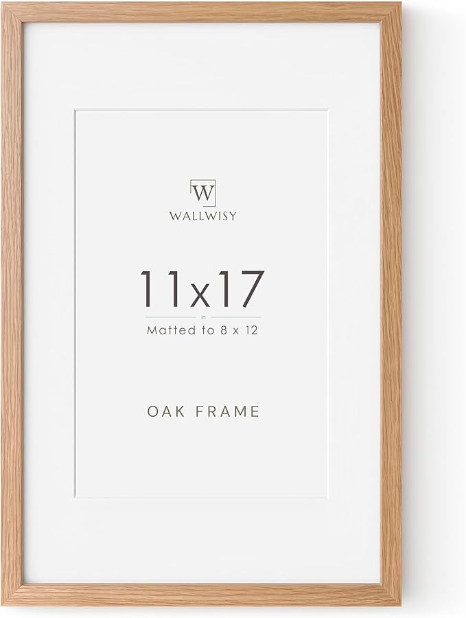 11x17 Oak Picture Frame, Solid Oak 11x17 Poster Frame with Mat to 8x12(Openning Size is 7.5x11.5), Natural Wood 17x11 Frames for Wall, Set of 1