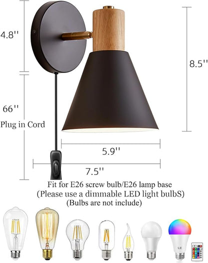 Plug in Wall Sconces Lighting Fixture, Wooden Adjustable Bedside Wall lamp for Industrial Bedroom, Living Room Bathroom Sink Lighting (1 Pack, Black)
