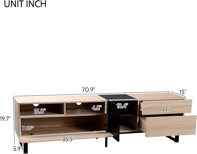 Merax Modern TV Entertainment Center with Cabinets, Drawers & Open Shelves, Wood TV Stand for TVs Up to 80” for Living Room Bedroom (Natural & Black)