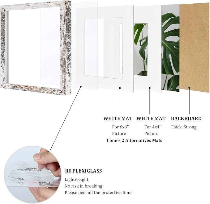 Egofine 8x8 Picture Frame Made of Solid Wood with Plexiglass Set of 4, Display Pictures 4x4/6x6 with Mat or 8x8 Without Mat for Tabletop and Wall Mounting, Rustic White