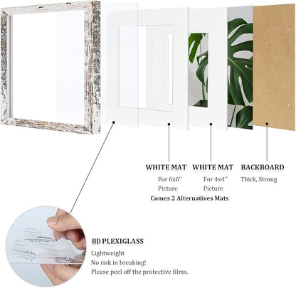 Egofine 8x8 Picture Frame Made of Solid Wood with Plexiglass Set of 4, Display Pictures 4x4/6x6 with Mat or 8x8 Without Mat for Tabletop and Wall Mounting, Rustic White