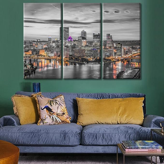 TUMOVO Pittsburgh Pennsylvania Skyscrapers Cityscape Canvas Wall Art American Nighttime Lightscape Wall Decor Living Room City Skyline Artwork Wall Decor for Bedroom Framed Ready to Hang (36" Wx24 H)