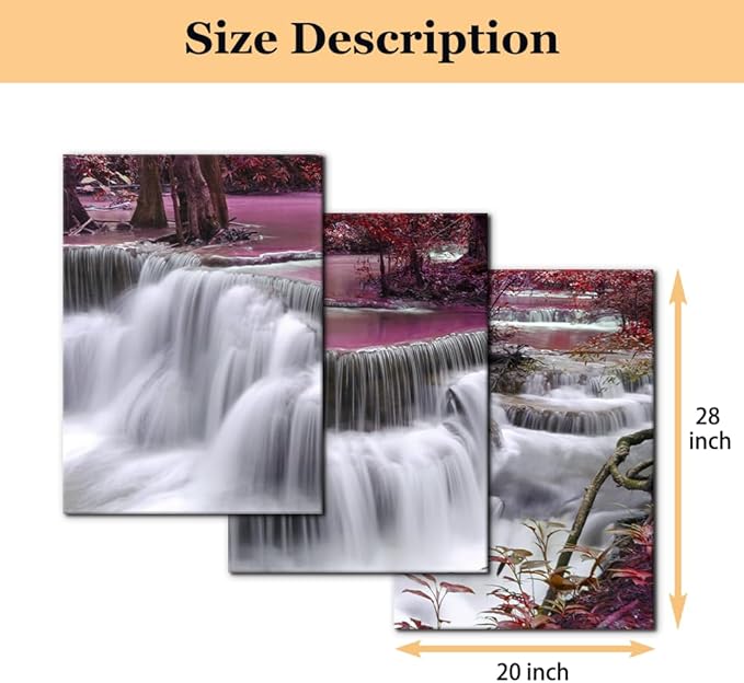 Pacimo Red Forest Canvas Wall Art 3-Piece Waterfall Canvas Print Set - Landscape - 20"x28"x3 Panel - Ready to Hang - Home & Office Decor