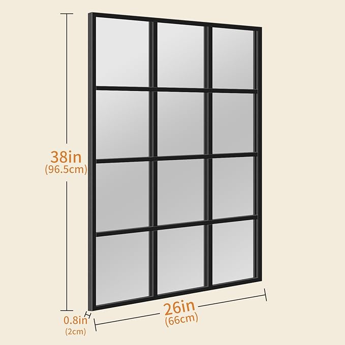 Window Pane Mirror, 38x26 Decorative Wall Mirrors, Black Metal Framed Windowpane Mirror for Farmhouse & Modern Bedroom, Living Room, Dining Room, Entryway, Fireplace Decor with Hanging or Leaning