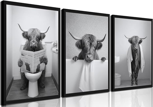 Black Wood Framed Funny Bathroom Highland Cow Wall Art, Black and White Cute Cow Animal Canvas Wall Decor Paintings Set of 3, Vintage Rustic Farmhouse Posters Prints for Bathroom Restroom 16x24 Inch