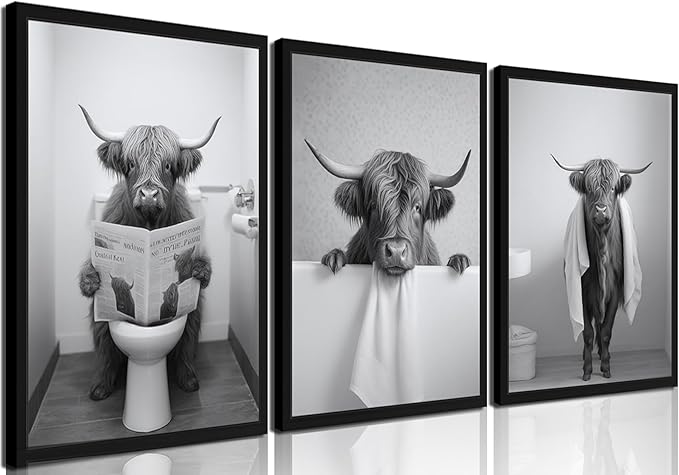 Black Wood Framed Funny Bathroom Highland Cow Wall Art, Black and White Cute Cow Animal Canvas Wall Decor Paintings Set of 3, Vintage Rustic Farmhouse Posters Prints for Bathroom Restroom 12x16 Inch