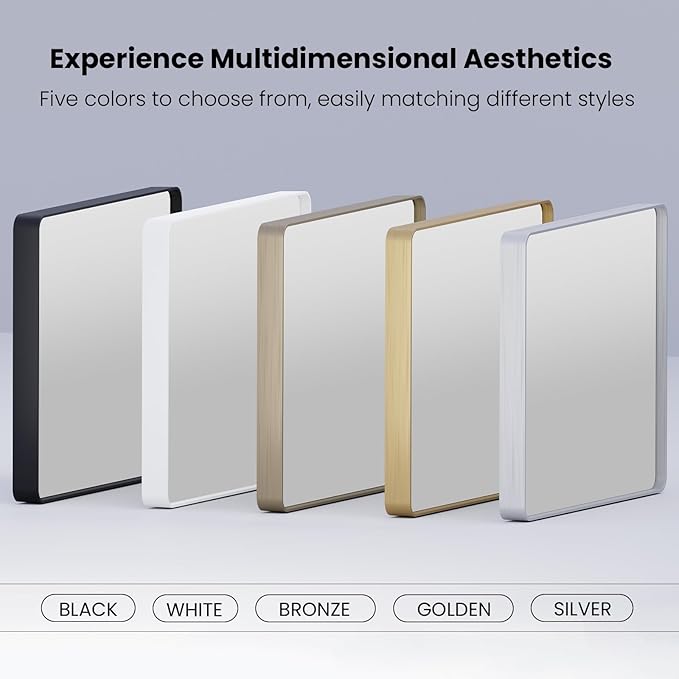 JISOSO White Bathroom Mirror 36x36 Inch, White Metal Framed Bathroom Mirror for Wall, Rounded Rectangle Matte Bathroom Vanity Mirror, Tempered Glass, Anti-Rust, Horizontal/Vertical