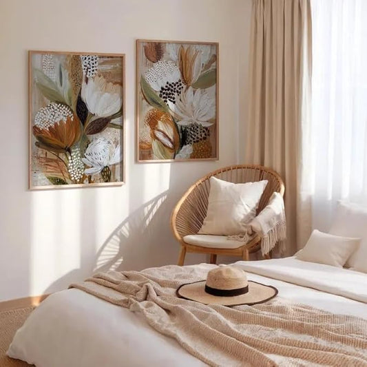 Textured Floral Wall Art Set of 2 Modern Boho Exotic Protea Flowers Impasto Brushstroke Earthy Neutral Tones for Home Living Room Bedroom Kitchen Warm Rustic Interior Decor Accent 16x24 Inch Unframed