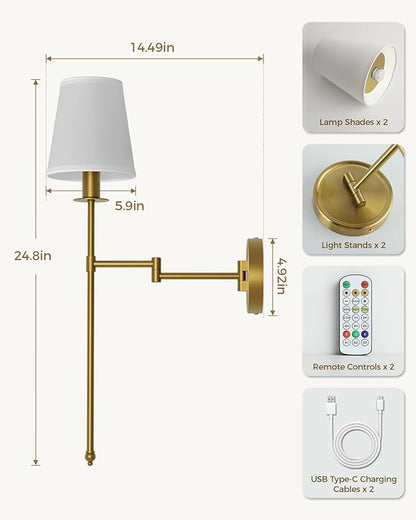 Joosenhouse Battery Operated Wall Sconces (Set of 2), Wireless Dimmable Wall Lights, 9 RGB Color Options, 24.8-inch Brass Indoor Wall Lamps, for Decorating bedrooms, Living Rooms, and hallways