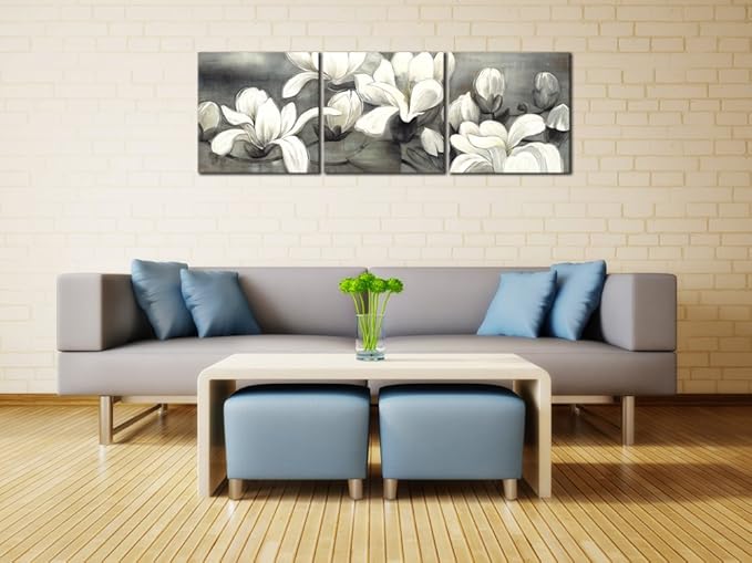 Wieco Art Magnolia Flowers Canvas Prints Wall Art 3 pcs White and Grey Floral Pictures Paintings Ready to Hang for Living Room Bedroom Home Decorations Modern Stretched and Framed Grace Giclee
