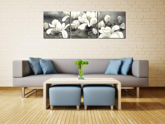Wieco Art Magnolia Flowers Canvas Prints Wall Art 3 pcs White and Grey Floral Pictures Paintings Ready to Hang for Living Room Bedroom Home Decorations Modern Stretched and Framed Grace Giclee