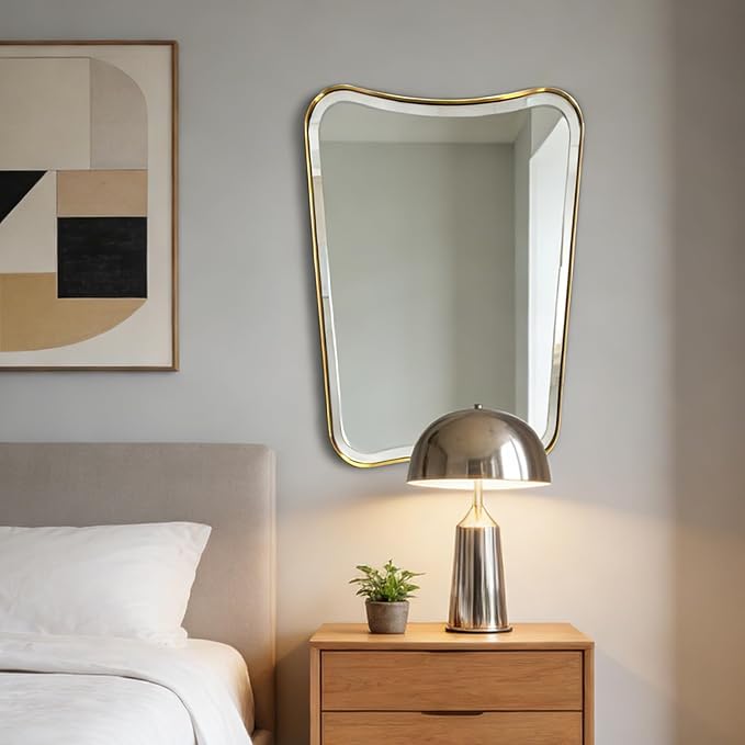 POZINO Brushed Gold Beveled Mirror, 22"x30" Premium Bathroom Vanity Mirror with Stainless Steel Frame, Antique Brass Butterfly Shape Aesthetic Wall Mirrors for Living Room Bedroom Hallway Entryway