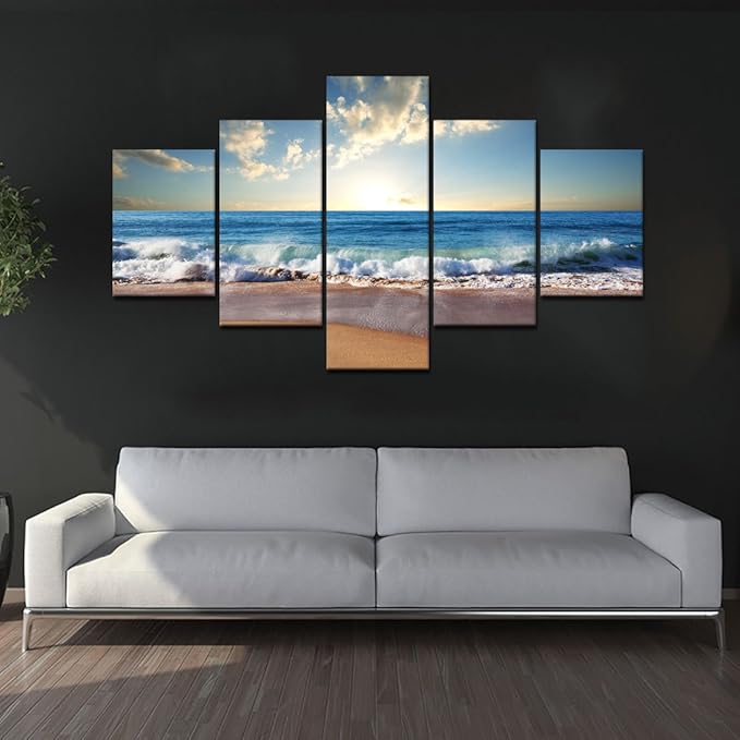 Modern Landscape Painting on Canvas 5 Panels Blue Sky Beach Ocean Pictures Wall Art for Living Room Home Decor Wooden Framed Stretched Ready to Hang (60" W x 40" H)