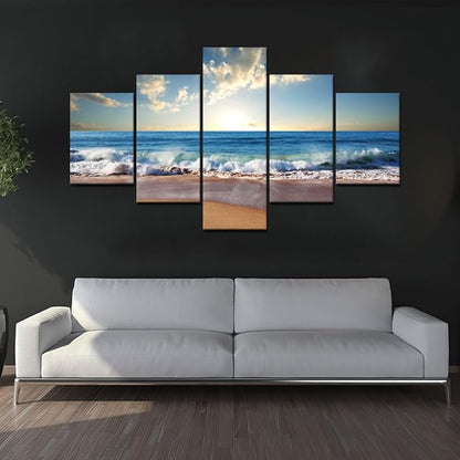 Modern Landscape Painting on Canvas 5 Panels Blue Sky Beach Ocean Pictures Wall Art for Living Room Home Decor Wooden Framed Stretched Ready to Hang (60" W x 40" H)