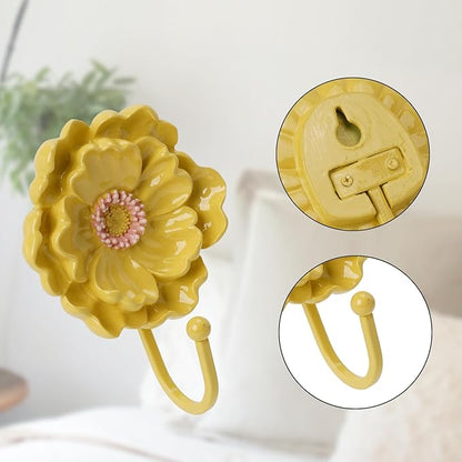 Guichifun Flower Shaped Decorative Wall Hooks - 2pcs Resin Yellow Vintage Decor Hanger for Keys, Bags, Towels Bathroom Living Room Kitchen Home Decoration Gift 4.3 x 2.2 x 6 Inch