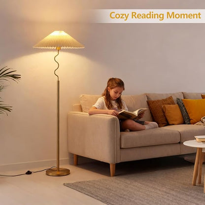 Modern Floor Lamp with 3 Color Temperatures, Foot Switch Standing Lamps for Living Room,Tall LED Standing Lamps for Living Room, Bedroom, Office, Beige Pleated Shade, 9W Bulb Included, Gold