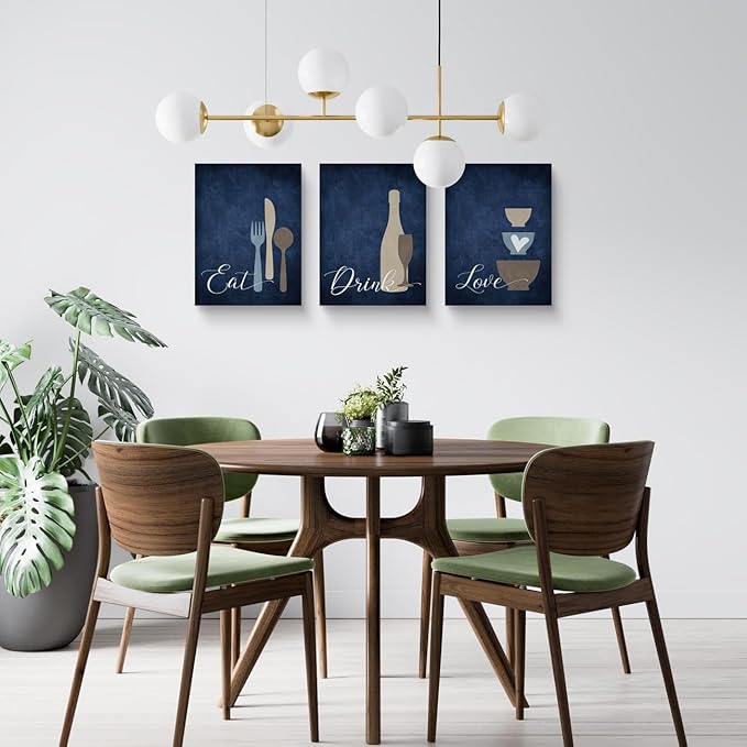 GUBIYU Kitchen Wall Art Set of 3, Navy Blue Wall Art, Rustic Farmhouse Decor, Eat Drink Love Sign, 24"x36"