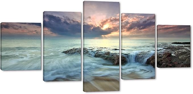 Romantic Beach Landscape Painting on Canvas 5 Piece Set Combination Posters and Prints Modern Pictures Wall Art for Living Room Home Decor Gallery-wrapped Framed (50''W x 24''H)