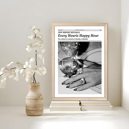 Wood Framed Newspaper Wall Art Print, Glam Sparkling Cocktail Happy Hour Poster Wall Decor, Black and White Vintage Aesthetic Canvas Picture for Bar Living Room Apartment Girls Room Decor 12x16 inch