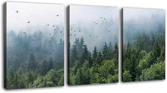 Green Forest Wall Art Tropical Foggy Forest Mountain Bird Contemporary Canvas Pictures Modern Artwork Framed for Bathroom Bedroom Nursery Living Room Home Office Kitchen Wall Decor 12" x 16" 3 Pieces