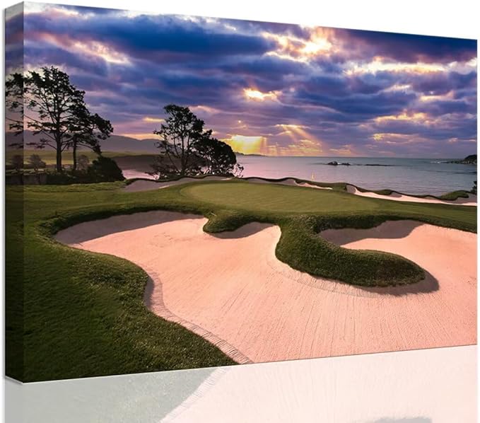 chenchenArt Pebble Beach Golf Course Wall Art for Living Room Bedroom Bathroom Home Decorations Golf Course Picture Poster Wall Decor for Office Canvas Prints Framed Ready to Hang(18''H x 24''W)
