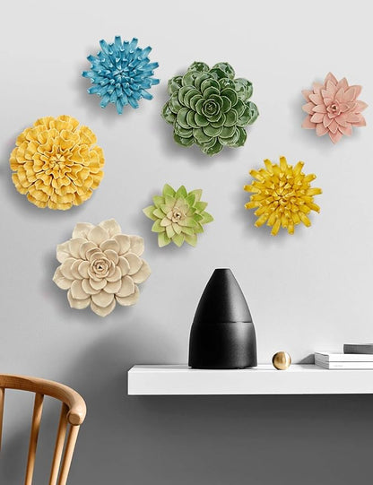 SEINHIJO Ceramic Flower Wall Decor 3D Wall Art Sculpture Modern Art Gift for Bedroom Living Room Home Office Pink 7.1 Inch