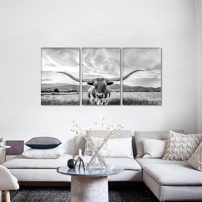 3 Panels Cow Canvas Wall Art Highland Cow Pictures Wall Decor Artwork Texas Longhorn Painting Modern Gray Posters Prints for Living Room Home Office Decor, Framed 24" Wx36 Hx3pcs