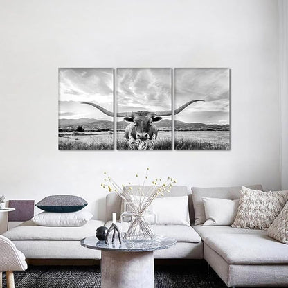 3 Panels Cow Canvas Wall Art Highland Cow Pictures Wall Decor Artwork Texas Longhorn Painting Modern Gray Posters Prints for Living Room Home Office Decor, Framed 24" Wx36 Hx3pcs