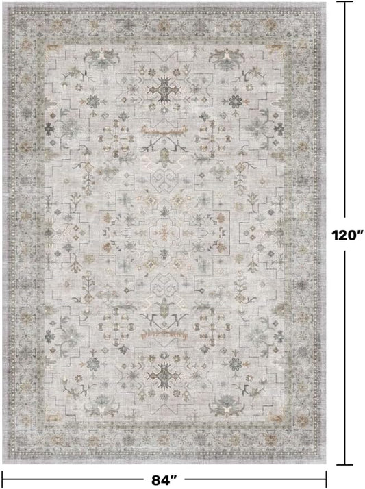 Hazo Haus Boho Light Grey Living Room Rug 7x10 - Modern Vintage Eclectic Floral Pastel Neutral Taupe, Washable Low Pile Non-Slip Large Area Rugs for Dining Under Table Bedroom Lounge