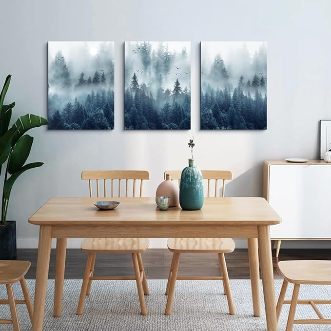 Lapremoly Wall Decorations - Framed Canvas Wall Art for Living Room, Bedroom & Office - Misty Forests Trees Landscape Pictures - 3 Piece Set