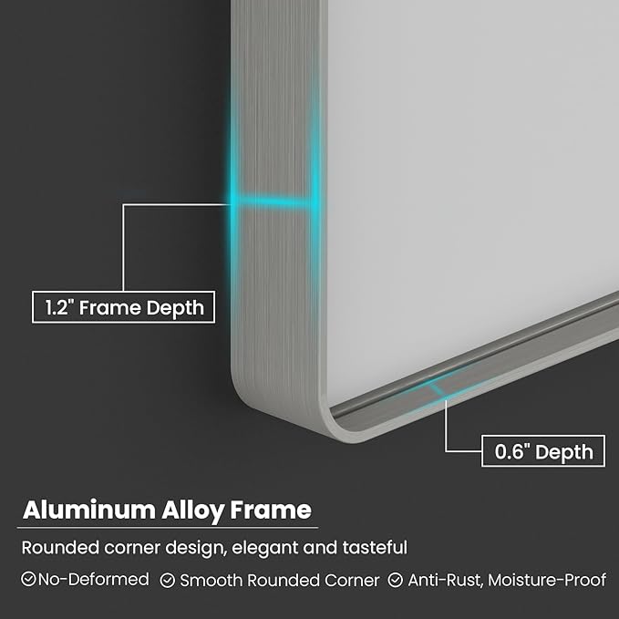 JISOSO Brushed Nickel Bathroom Mirror 60x28 Inch, Brushed Silver Metal Frame Mirror Wall Mounted, Rounded Rectangle Bathroom Vanity Mirror, Tempered Glass, Anti-Rust, Horizontal/Vertical
