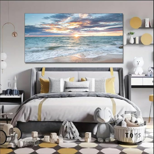 Yxbhhym-Large Coastal Wall Decor Beach Sunset Wall Art Ocean Room Decor Picture Seascape Canvas Prints Poster Waves Sea Artwork for Walls Landscape Painting Bedroom Living Room Office Decorations