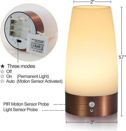 Betus Motion Sensor Night Light, Battery Operated Lamp with 2 Sensored Modes - Retro Bedside Table Desk Lamp with Soft Ambient Light for Bedroom, Living Room, Kitchen Kids Room