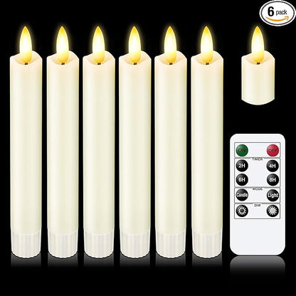 KSWING Upgraded Real Wax Short LED Flameless Taper Candles with Remote, 6 PCS White Candlesticks Battery Operated 3D Flickering - 6" Realistic Fake Candle Sticks for Home/Wedding/Fireplace Xmas Decor