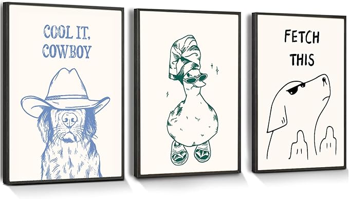 Funny Animal Bathroom Wall Art Set of 3, Cute Funky Dog and Duck Canvas Prints Posters, Simple Fashion Modern Farmhouse Animals Picture for Kids Room Dorm Living Room Wall Decor 16x24 Inch Unframed