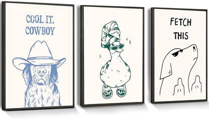 Funny Animal Bathroom Wall Art Set of 3, Cute Funky Dog and Duck Canvas Prints Posters, Simple Fashion Modern Farmhouse Animals Picture for Kids Room Dorm Living Room Wall Decor 16x24 Inch Unframed