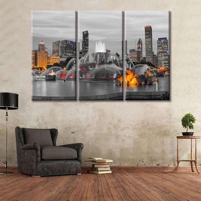 TUMOVO 3 Pieces Home Decor American Cityscape Wall Art Chicago Skyline Panorama with Skyscrapers and Buckingham Fountain at Twilight Bedroom Decor Wall Art Framed Ready to Hang (60" Wx40 H)