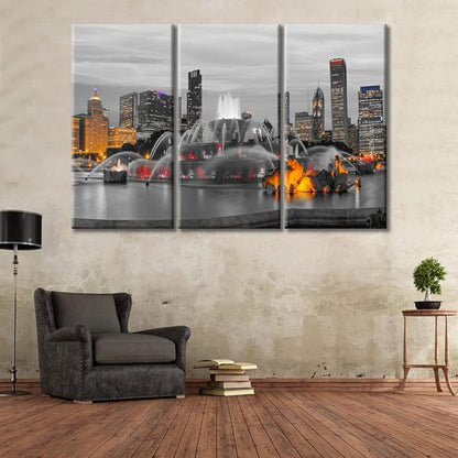 TUMOVO 3 Pieces Home Decor American Cityscape Wall Art Chicago Skyline Panorama with Skyscrapers and Buckingham Fountain at Twilight Bedroom Decor Wall Art Framed Ready to Hang (60" Wx40 H)