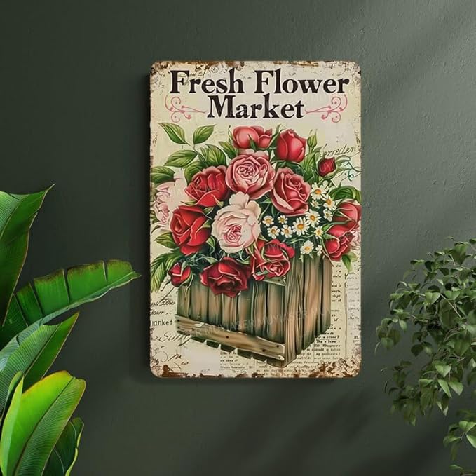 Metal Signs Fresh Flower Market Vintage Signs Retro Aluminum Tin Sign for Garden Home Bar Cafe Decor 8x12 Inch