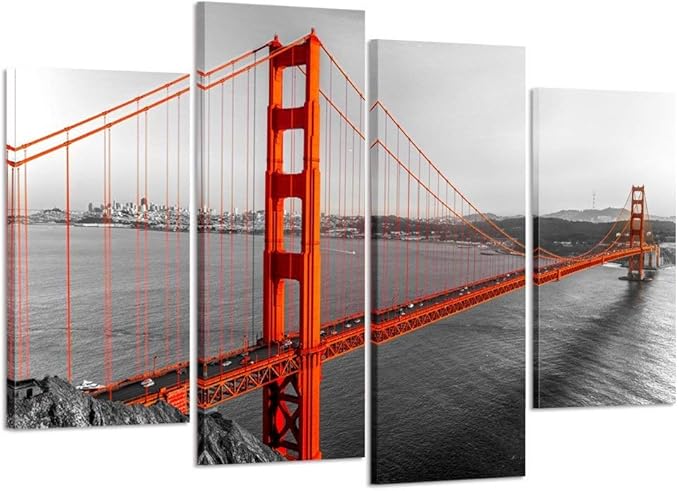 KREATIVE ARTS Canvas Print Beautiful Golden Gate Bridge San Francisco California Black White Red Wall Art Home Decoration Picture Framed 4 panel Ready to Hang