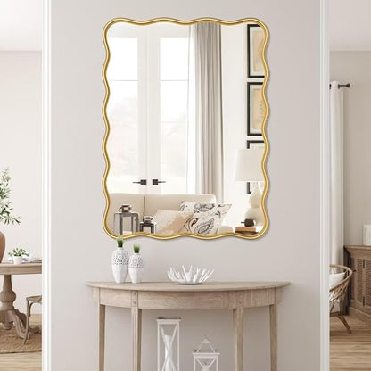PROHOMEWARE 28 * 40" Gold Bathroom Mirror for Wall,Wavy Rectangular Mirror,Vanity Mirror,Bathroom Mirrors for Wall,Wall-Mounted Metal Frame Mirror for Bedroom Entryway Living Room Farmhouse (Gold)