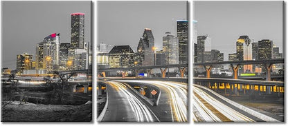 TUMOVO 3 Panel Houston Skyline Office Decor American Cityscape Pictures Black and White Wall Art Nighttime Skyscrapers Lightscape Artwork Posters and Prints Framed Ready to Hang (36" Wx16 H)