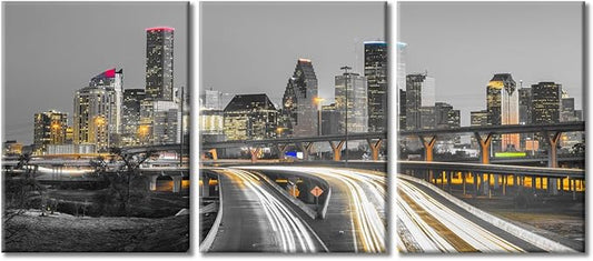TUMOVO 3 Panel Houston Skyline Office Decor American Cityscape Pictures Black and White Wall Art Nighttime Skyscrapers Lightscape Artwork Posters and Prints Framed Ready to Hang (36" Wx16 H)