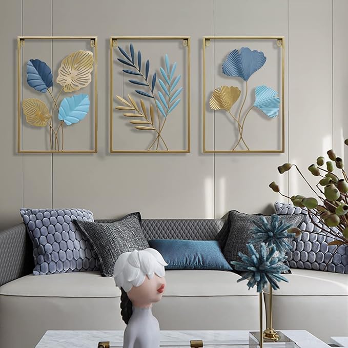 MKUN Iron Wall Sculptures - Large Set of 3 rectanglar Metal Wall Decor with Ginkgo Biloba Art Great for Home Hotel Decoration (Gold Blue)