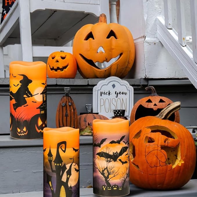 Halloween LED Flameless Pillar Candles Battery Operated with 6 Hour Timer Set of 3 Orange Wax Warm Light Flickering Witch Bats Castle Spooky Decals Halloween Decor Gifts(3 x 6 Inch)