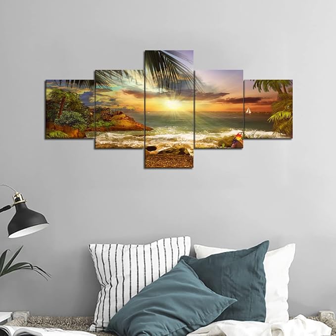 Yatsen Bridge Sea Landscape Wall Art Set Beach Waves Palm Sunset Modern Pictures Painting on Canvas Scene of Sea Artwork for Living Room Bedroom Home Decor Framed Ready to Hang - 50''W x 24''H