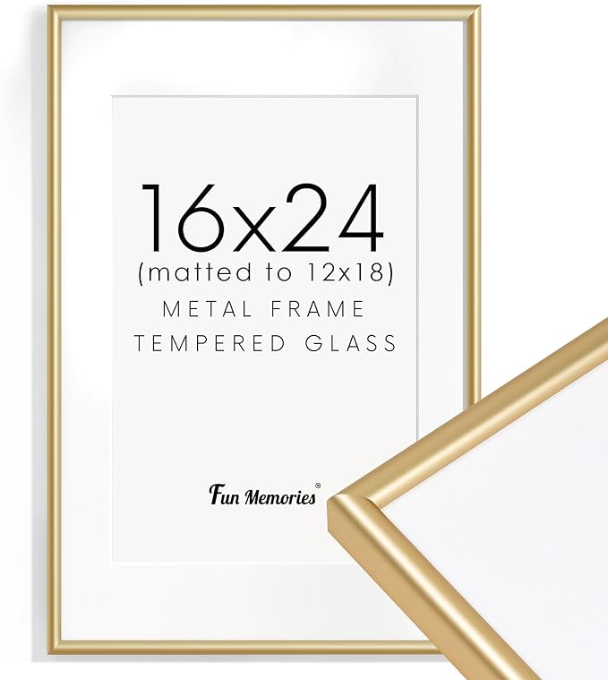 Fun Memories 16x24 Picture Frame Gold, Aluminum Poster Frame 16 x 24 for Wall, 16x24 Frame with Mat for 12x18, Modern Metal Frames 16 by 24 with Tempered Real Glass, 16 x 24 Art Frames