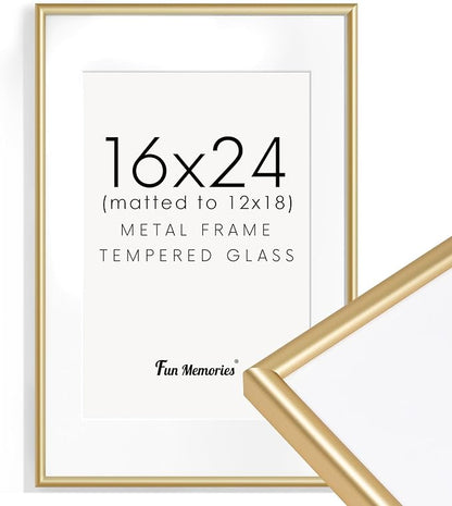 Fun Memories 16x24 Picture Frame Gold, Aluminum Poster Frame 16 x 24 for Wall, 16x24 Frame with Mat for 12x18, Modern Metal Frames 16 by 24 with Tempered Real Glass, 16 x 24 Art Frames