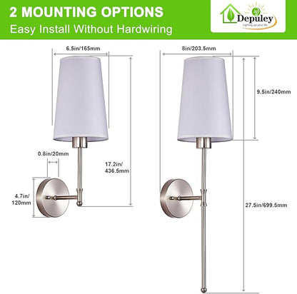 Depuley Battery Operated Wall Sconce: 27" Set of 2 Wireless Wall Lights with Remote for Bedroom - Rechargeable 15 Colors Wall Lamp for Living Room Hallway Decor - Brushed Nickel